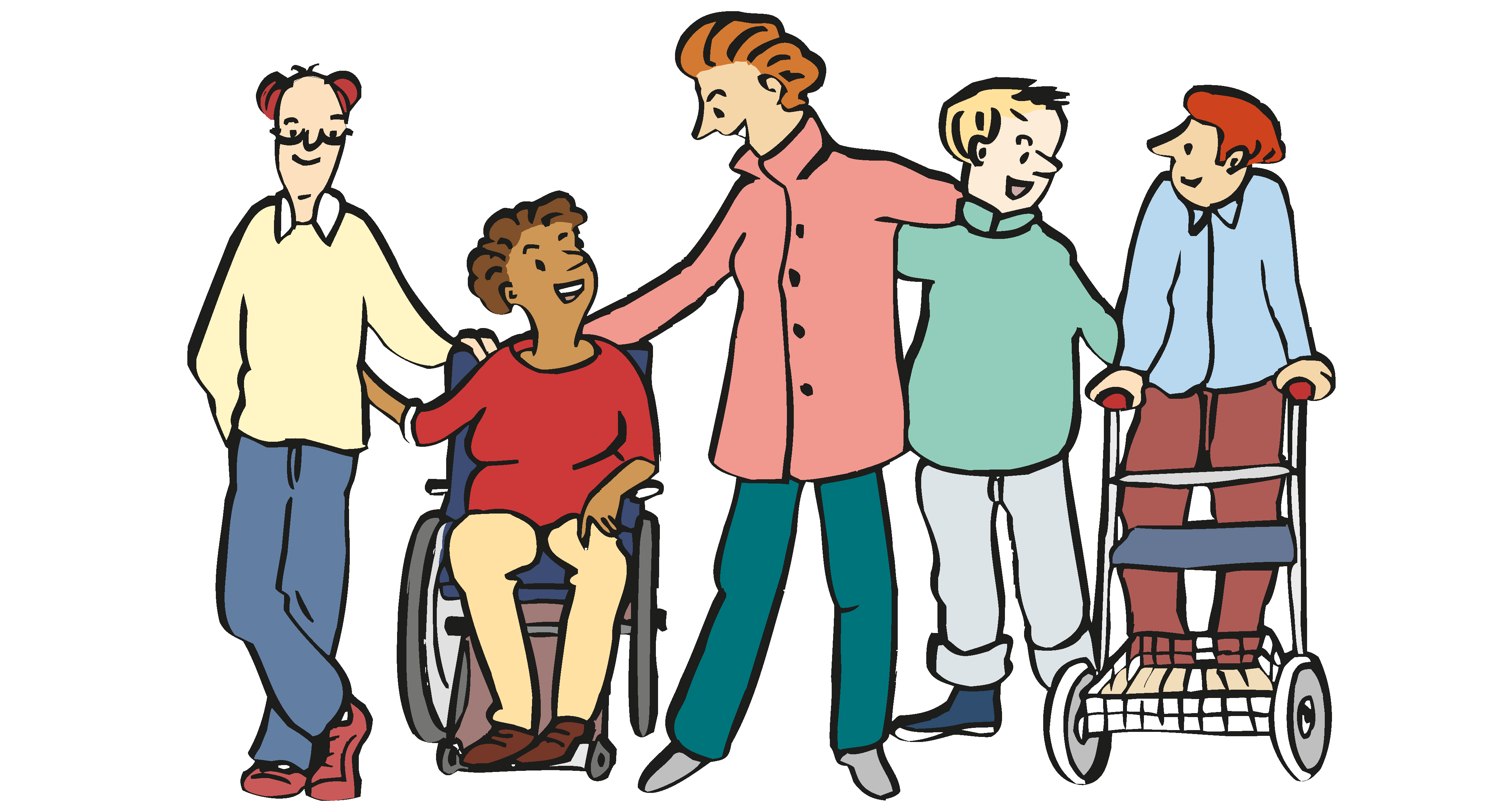 Zeichnung von fünf Personen mit und ohne Gehhilfe und Rollstuhl